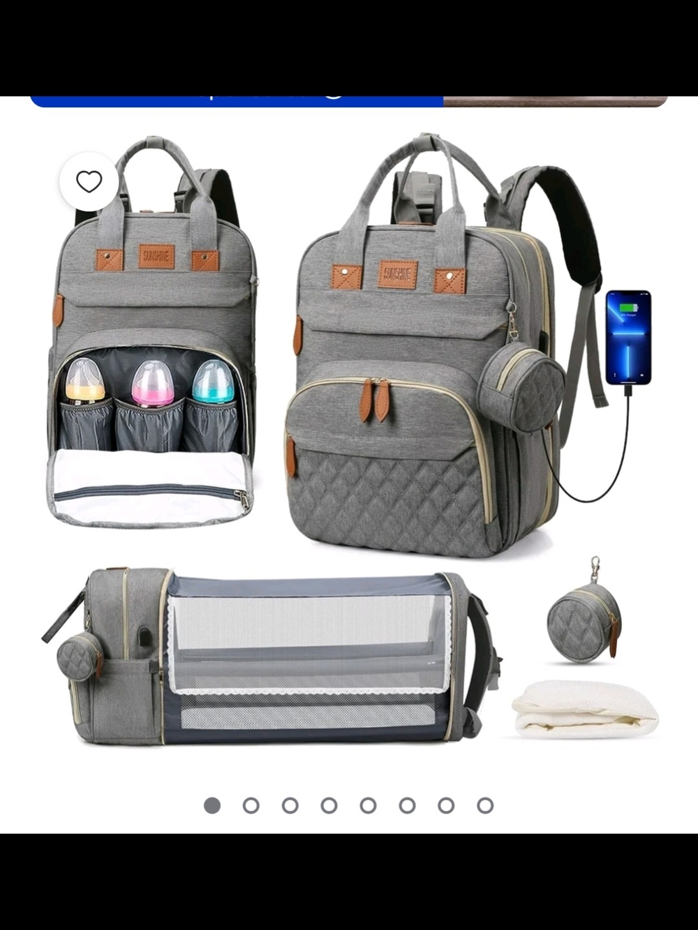 Grey Quilted Multi-Function Diaper Backpack with Changing Bassinet